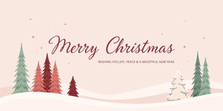 Merry Christmas greeting card design with stylized evergreen trees on a soft pastel pink snowy landscape background, elegant holiday banner with festive typography