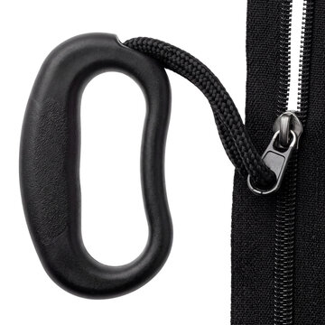 Black zipper pull tab attached to a closed black zipper on transparent background fastener closure