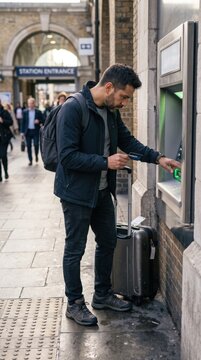 Male traveler using ATM machine on city street with suitcase nearby, pedestrians walking in the background near station entrance