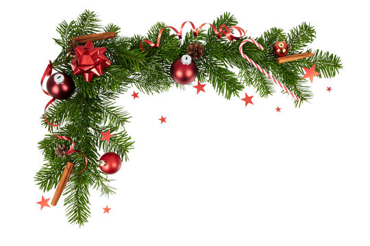 christmas fir branch decoration corner with xmas winter ball ornaments isolated on white or transparent png