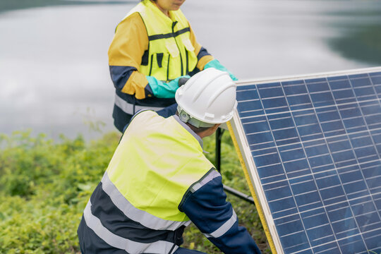 Environmental engineer auditing clean energy infrastructure and solar floating feasibility study.