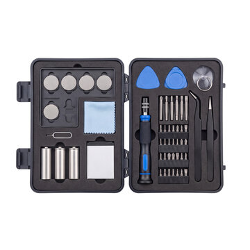 Opened electronics repair tool kit with screwdriver bits and accessories on transparent background set precision