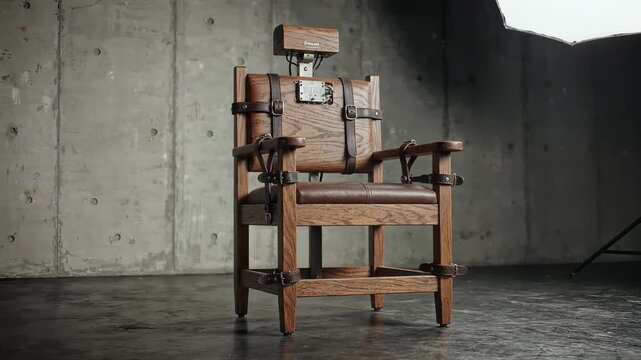 Electric chair stands in a dark concrete room for execution