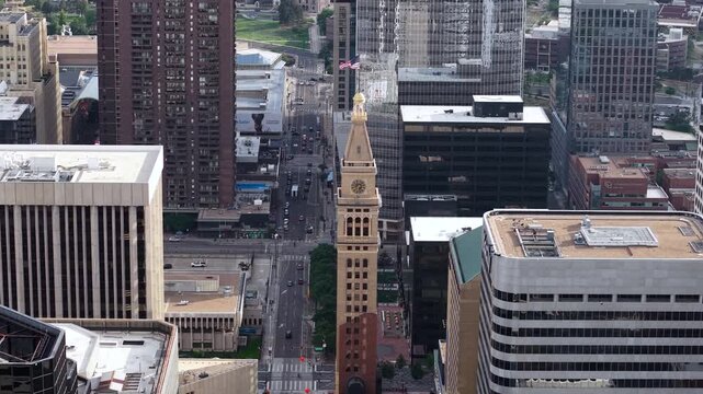 Drone Shot of Daniels and Fisher Tower, Landmark of Downtown Denver, Colorado USA