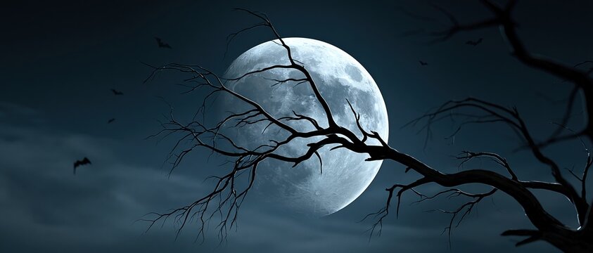 Cinematic dark fantasy scene ideal for Halloween campaigns, horror book covers, or thriller promotions. Giant glowing full moon dominates a moody blue night sky with gnarled bare branches.