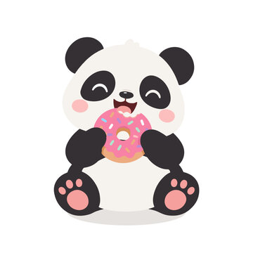 Cute Panda Eating a Pink Donut with Sprinkles on White Background