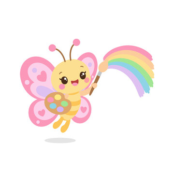Cute Butterfly Painting a Rainbow with a Brush and Palette on White Background