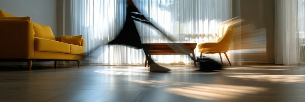 Motion blurred person cleaning a bright modern living room with minimal furniture and natural light. Concept of housekeeping, cleanliness, home care and domestic service in a contemporary interior.