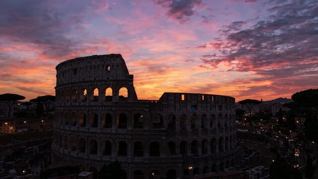 Sunset timelapse of the roman colosseum in italy: iconic ancient architecture at golden hour rome