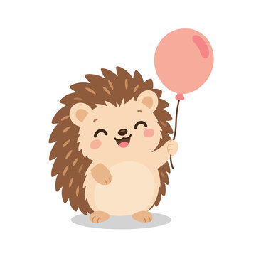 Cute Hedgehog Holding a Balloon and Smiling on White Background
