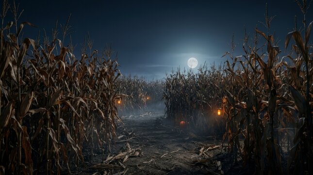 Dark night corn maze pathway with glowing lanterns under bright full moon