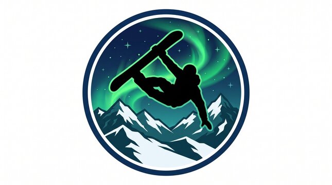 Snowboarder silhouette performing a trick with aurora borealis background