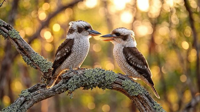 Two laughing kookaburras perched on a mossy branch at sunset, australian wildlife nature scene australian birds