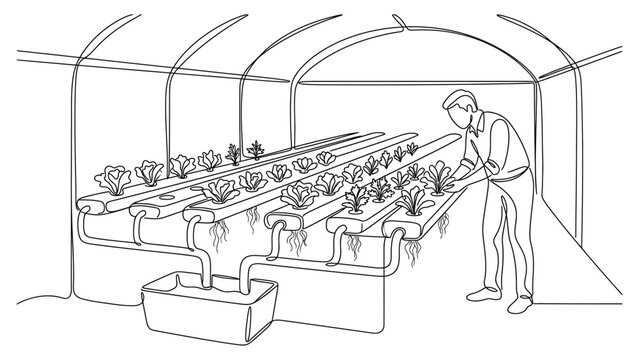 A line art illustration of a person tending to hydroponic plants in a greenhouse.