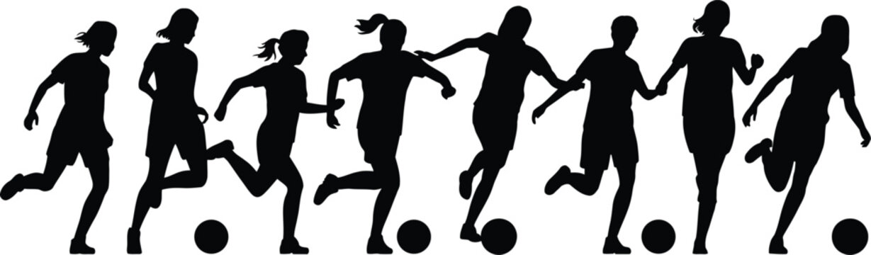 Group of female soccer players running and dribbling footballs in silhouette style