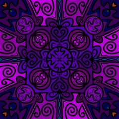 Abstract seamless pattern with symmetrical purple and dark blue decorative floral elements. © msrmnng_
