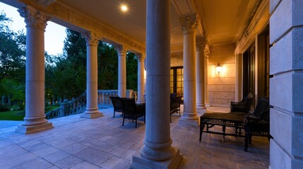 Obraz premium Elegant veranda with grand columns, wicker chairs under warm lighting, overlooking lush garden