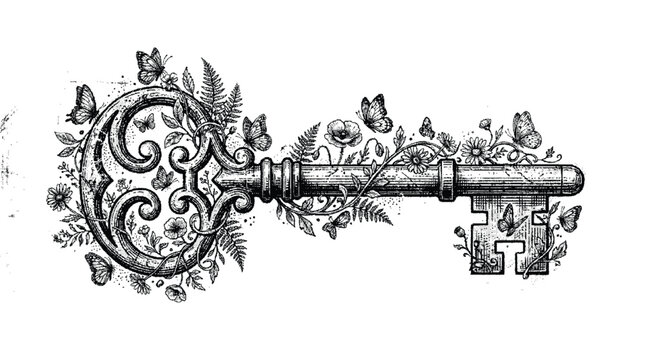 Vintage key antique ornament in ornate secret garden of magic leaf floral engraving line art