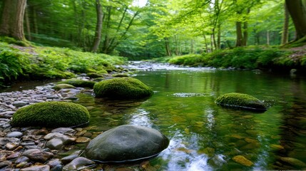 Fototapeta premium Serene forest stream flows gently, surrounded by lush greenery and moss-covered stones beneath a canopy