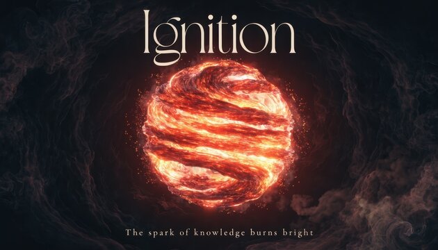Abstract glowing orb of molten fire and swirling plasma centered in a dark smoky obsidian void with typography text reading Ignition and The spark of knowledge burns bright.