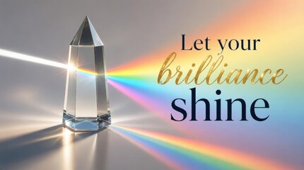 Obraz premium Glass prism obelisk on reflective surface refracting white light beam into rainbow spectrum with motivational text Let your brilliance shine on soft gradient background.