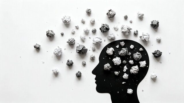 Composici&oacute;n art&iacute;stica en blanco y negro con silueta de perfil humano y bolitas de papel arrugado, met&aacute;fora visual sobre saturaci&oacute;n de pensamientos, depresi&oacute;n, salud mental y manejo del estr&eacute;s. Ayuda