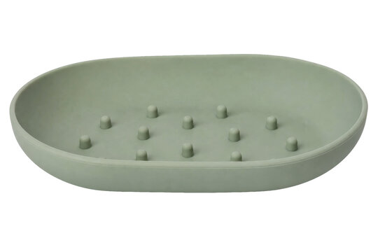 Light green oval-shaped plastic soap dish with drainage nubs is presented on a clean white background