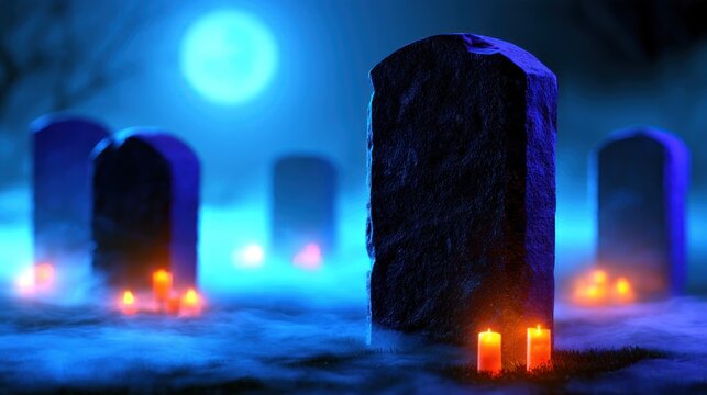 Moonlit cemetery with glowing candles among misty gravestones under a bright blue night sky