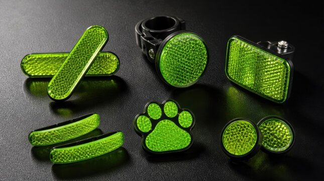 Set of neon green bicycle reflectors including spoke clips, rectangular frame mounts, circular bracket reflectors, and a paw print safety reflector on a dark textured background.
