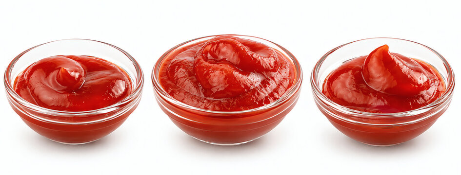 Tomato ketchup in glass bowls, red tomato sauce dip set, realistic food illustration of condiment portions isolated on white background