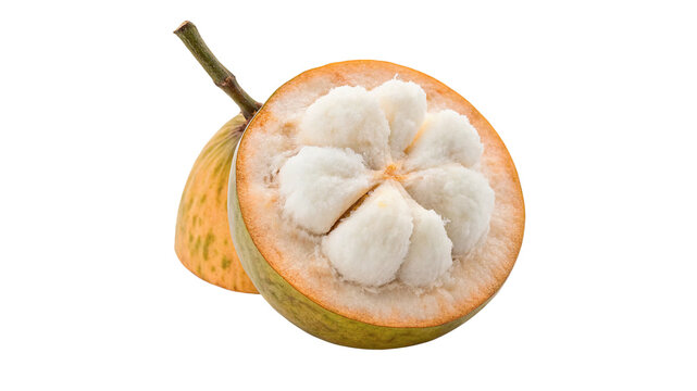 Whole and halved fresh organic exotic santol fruit isolated on transparent background.