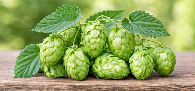 Fresh green hop cones display vibrant textures on a rustic wooden surface, evoking a lively brewing scene.