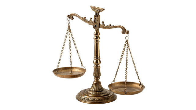 Classic brass balance scales of justice court symbol isolated on transparent background.
