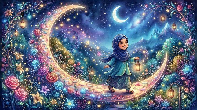 Magical night journey girl on crescent moon path with stars