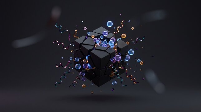 Abstract black cube breaking apart with glowing particles
