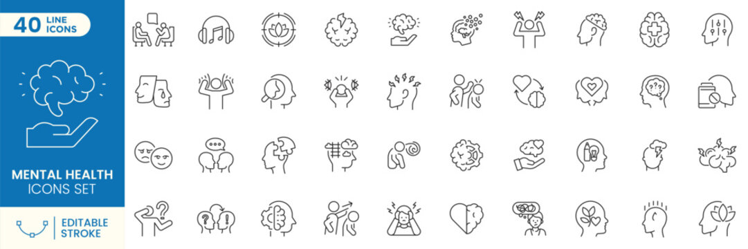 Mental health and wellness icon set featuring emotions, psychology, therapy, mindfulness, brain, counseling, self care, stress relief, feelings and psychological support symbols. Editable stroke