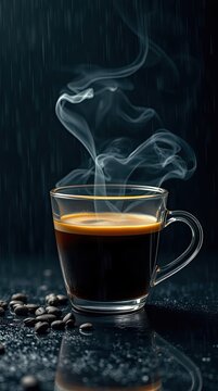 A clear glass cup holds black coffee with steam rising above. Coffee beans scatter on the dark table surface creating a simple scene