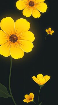 Yellow flowers stand out against a dark backdrop. Their shapes and colors create a striking visual. The focus is on the natural appeal of the flowers