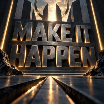 Make It Happen motivational text with dramatic lighting and architectural elements