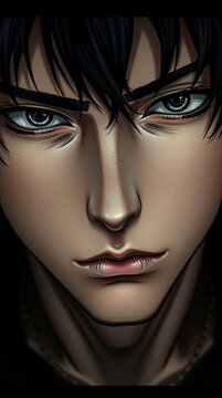 The scene shows a young person up close with strong facial features and deep eyes. The background is dark creating focus on their expression