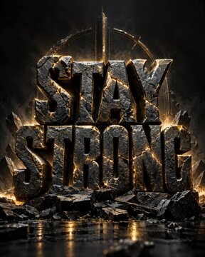 Powerful STAY STRONG text made of rough stone with glowing cracks, representing resilience and determination.