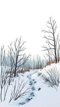 A path winds through a snowy landscape surrounded by bare trees and shrubs. The scene shows a quiet winter day with a light backdrop