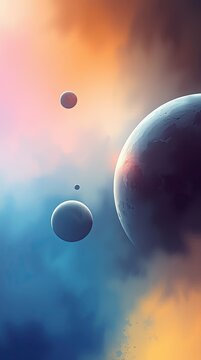 An artwork showing multiple planets set against a backdrop of colorful clouds and cosmic elements. The scene illustrates space exploration