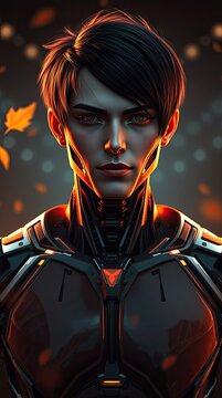 A person stands with a futuristic suit and a focused expression. The background features dark tones and floating orange leaves. This artwork has sharp details