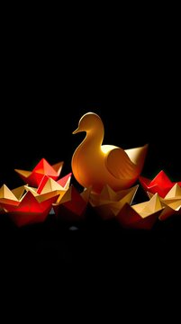 A duck figure made of bright material is positioned among colorful paper boats on a dark surface. The scene focuses on the shapes and colors