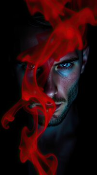 A man stands in front of a dark background. Red smoke swirls near his face. His expression is intense and focused. The setting emphasizes the contrast