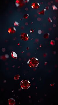 Small red gems float in the air against a dark backdrop creating visual interest with light reflections and patterns among them