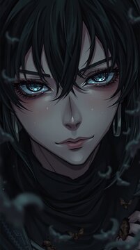 The scene features a character with black hair and blue eyes set against a dark background. The character has a focused expression and appears mysterious