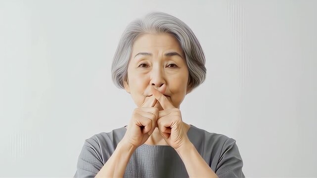 口元でNGサインを見せ、「黙秘」をアピールするシニア女性