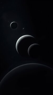 A view of multiple planets in space each one varying in size. The planets are arranged with some in front of others casting shadows in the dark setting